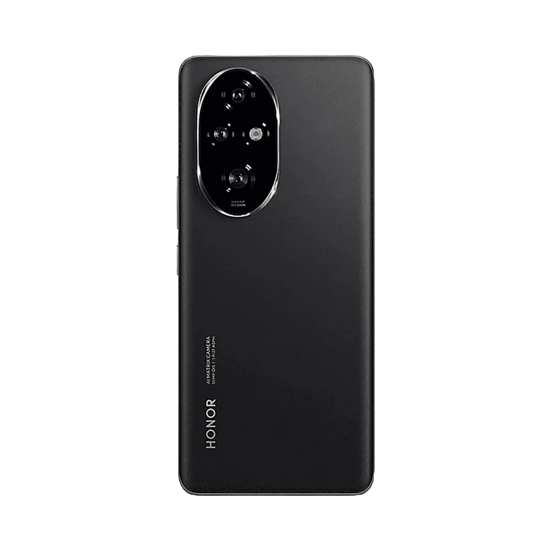Honor 200 Pro noir vu de dos en position verticale, module photo ovale aligné en haut à gauche avec triple capteur visible, image optimisée pour réparations vitre arrière et remplacement caméra chez iTelier Lyon.