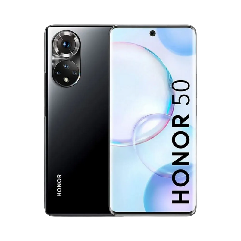 Honor 50 noir affiché de face et de dos côte à côte, écran allumé avec texte HONOR 50 et fond clair, double module photo circulaire arrière bien visible, parfait pour réparations écran et vitre arrière chez iTelier Lyon.