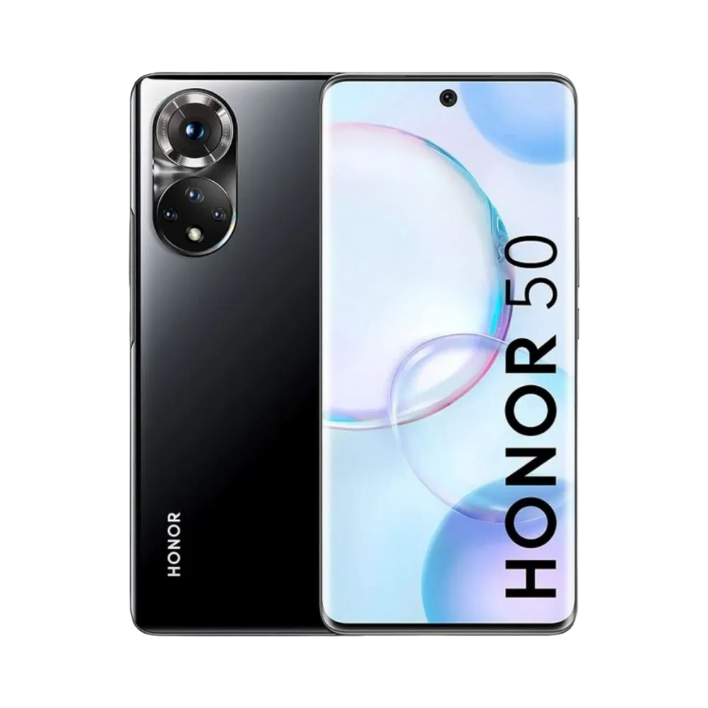 Honor 50 noir affiché de face et de dos côte à côte, écran allumé avec texte HONOR 50 et fond clair, double module photo circulaire arrière bien visible, parfait pour réparations écran et vitre arrière chez iTelier Lyon.