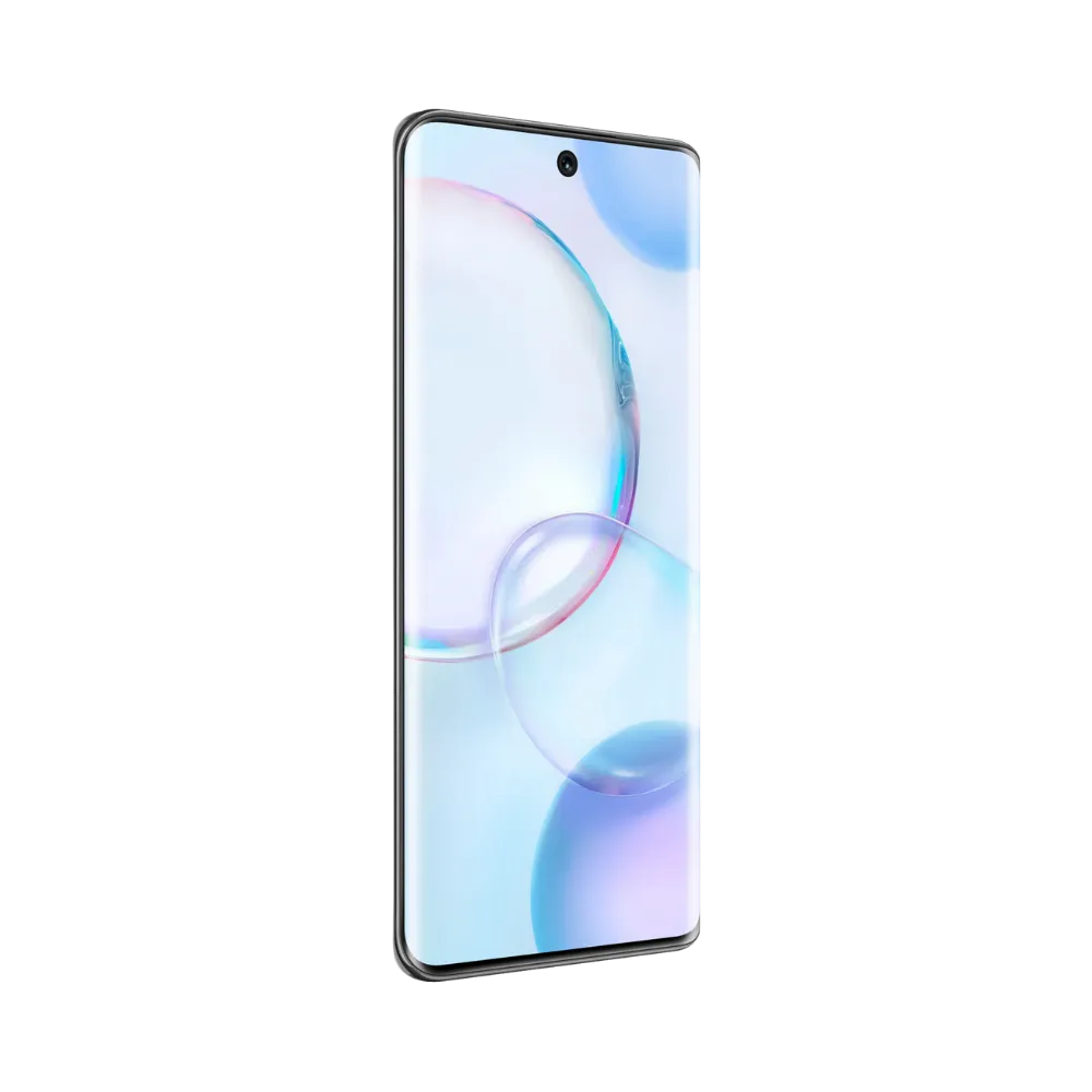 Honor 50 noir en position verticale, écran lumineux avec fond clair et poinçon central pour caméra frontale, idéal pour illustrer réparation écran original et diagnostic gratuit chez iTelier Lyon.