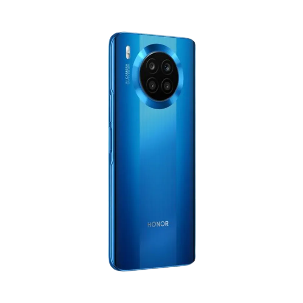 Honor 50 Lite bleu vu de dos en position inclinée, module photo circulaire en gros plan mettant en évidence les capteurs, parfait pour réparations vitre arrière et composants caméra chez iTelier Lyon.