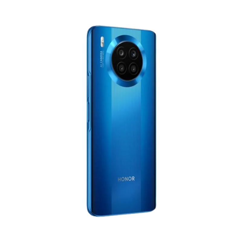 Honor 50 Lite bleu vu de dos en position inclinée, module photo circulaire en gros plan mettant en évidence les capteurs, parfait pour réparations vitre arrière et composants caméra chez iTelier Lyon.