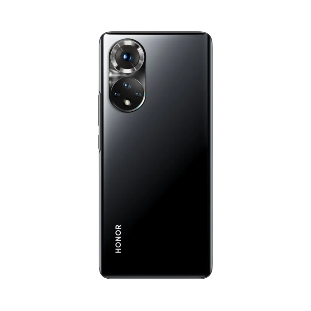 Honor 50 noir vu de dos en position verticale, double module photo circulaire aligné à gauche avec capteurs visibles, image optimisée pour réparations vitre arrière et remplacement caméra chez iTelier Lyon.