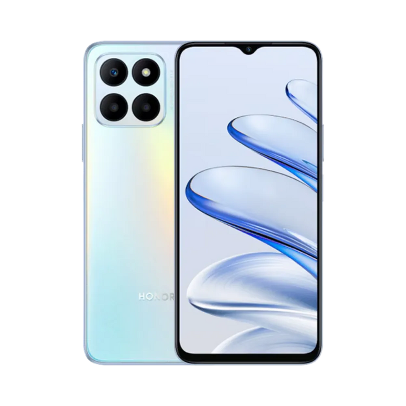 Honor 70 Lite bleu affiché de face et de dos côte à côte, écran allumé avec fond clair et bleu, module photo carré à quatre capteurs visible à l’arrière, parfait pour réparations écran et vitre arrière chez iTelier Lyon.