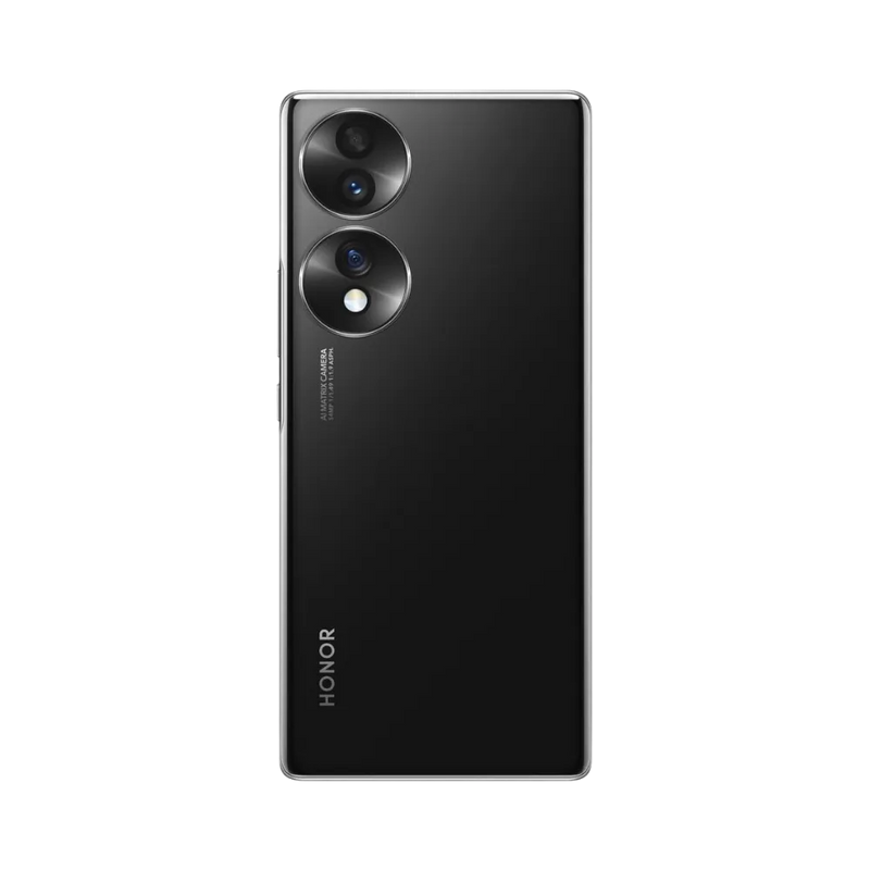 Honor 70 noir vu de dos en position verticale, module photo double circulaire aligné à gauche, image optimisée pour réparations vitre arrière et remplacement caméra chez iTelier Lyon.