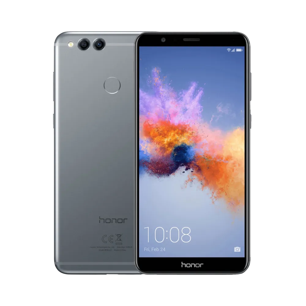 Honor 7X gris affiché de face et de dos côte à côte, grand écran lumineux sans bouton frontal, double caméra arrière horizontale et capteur d’empreinte, parfait pour réparations écran et vitre arrière chez iTelier Lyon.