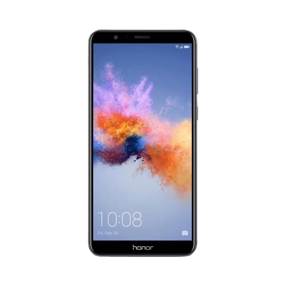 Honor 7X gris vu de face, écran allumé avec fond coloré, format sans bouton, image dédiée aux réparations écran original et remplacement LCD chez iTelier Lyon.
