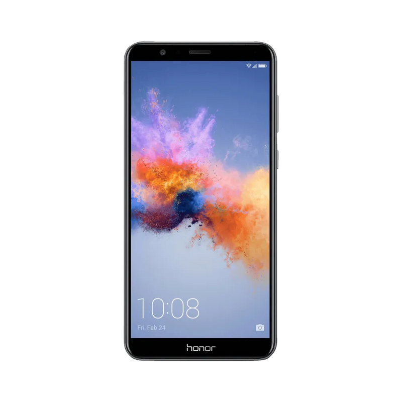 Honor 7X gris vu de face, écran allumé avec fond coloré, format sans bouton, image dédiée aux réparations écran original et remplacement LCD chez iTelier Lyon.
