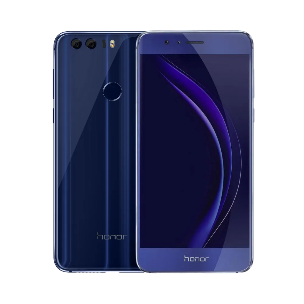Honor 8 bleu affiché de face et de dos côte à côte, écran allumé avec fond sombre et reflet violet, double caméra arrière horizontale et capteur d’empreinte visibles, parfait pour réparations écran et vitre arrière chez iTelier Lyon.