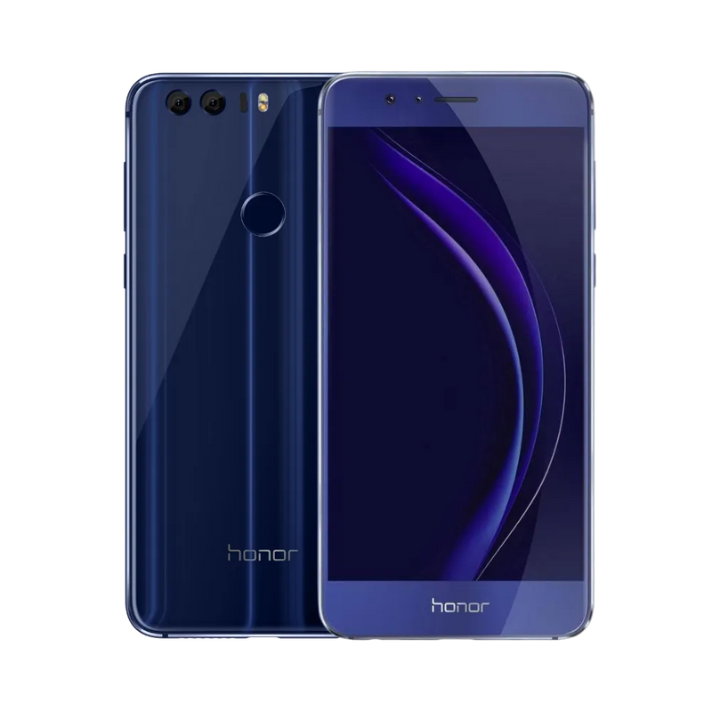 Honor 8 bleu affiché de face et de dos côte à côte, écran allumé avec fond sombre et reflet violet, double caméra arrière horizontale et capteur d’empreinte visibles, parfait pour réparations écran et vitre arrière chez iTelier Lyon.