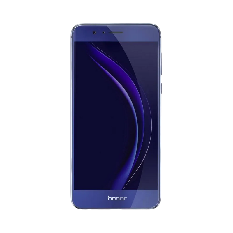 Honor 8 bleu en position verticale, écran lumineux avec fond sombre violet, idéal pour illustrer réparation écran original et diagnostic gratuit chez iTelier Lyon.