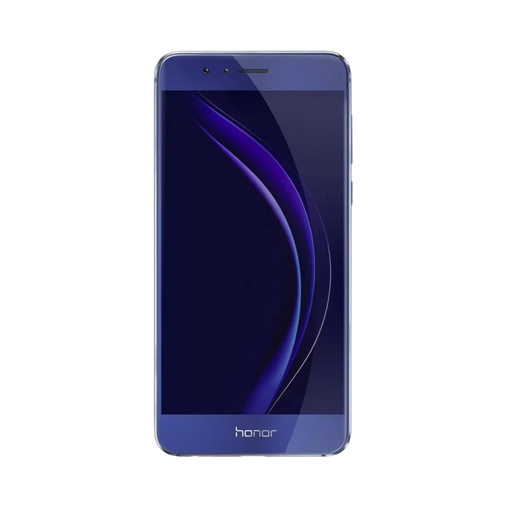 Honor 8 bleu en position verticale, écran lumineux avec fond sombre violet, idéal pour illustrer réparation écran original et diagnostic gratuit chez iTelier Lyon.