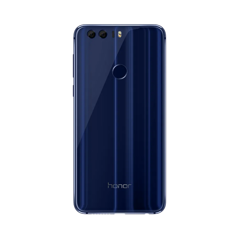 Honor 8 bleu vu de dos en position verticale, finition brillante, double caméra arrière horizontale et capteur d’empreinte circulaire, image optimisée pour réparations vitre arrière et caméra chez iTelier Lyon.