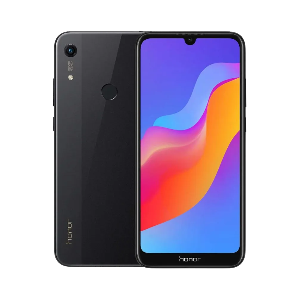 Honor 8A noir affiché de face et de dos côte à côte, écran allumé avec fond coloré orange et violet, simple caméra arrière verticale et capteur d’empreinte visibles, parfait pour réparations écran et vitre arrière chez iTelier Lyon.