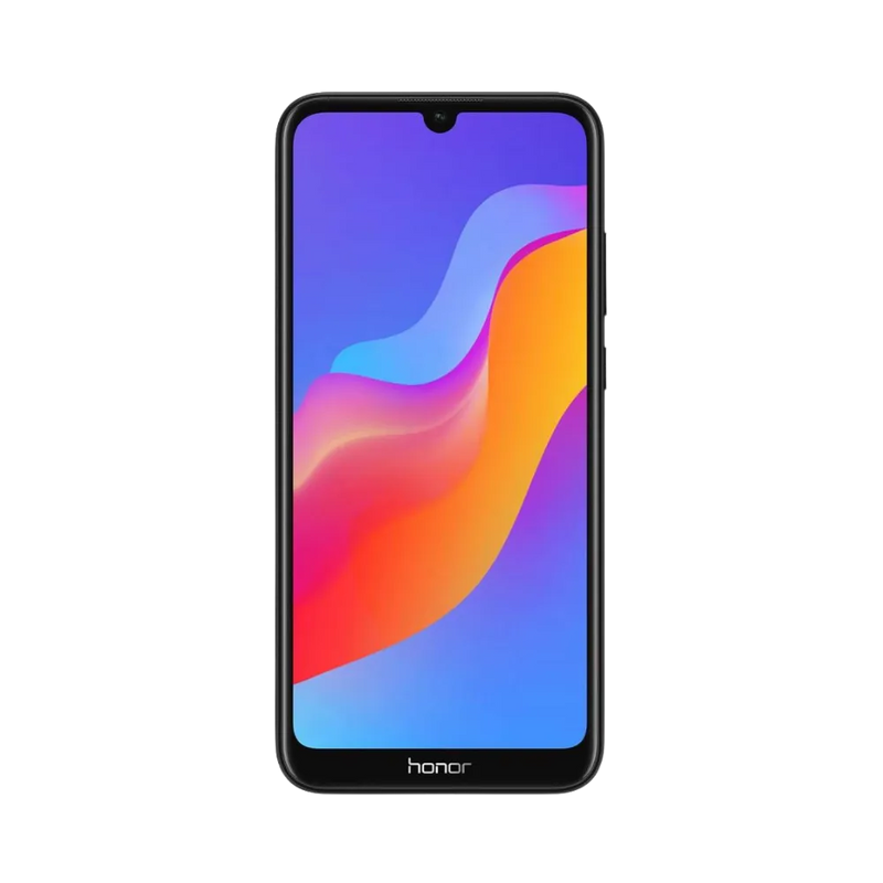 Honor 8A noir en position verticale, écran lumineux avec encoche en haut et fond coloré orange et violet, idéal pour illustrer réparation écran original et diagnostic gratuit chez iTelier Lyon.