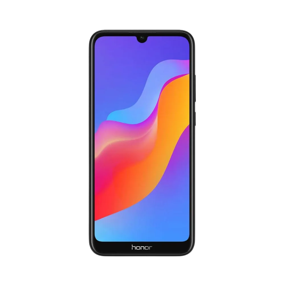 Honor 8A noir en position verticale, écran lumineux avec encoche en haut et fond coloré orange et violet, idéal pour illustrer réparation écran original et diagnostic gratuit chez iTelier Lyon.