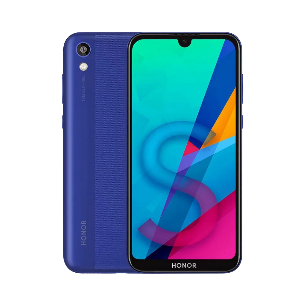 Honor 8S bleu affiché de face et de dos côte à côte, écran allumé avec fond coloré bleu et rose, simple caméra arrière verticale visible, parfait pour réparations écran et vitre arrière chez iTelier Lyon.