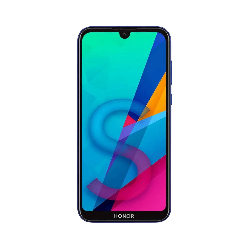 Honor 8S bleu en position verticale, écran lumineux avec encoche en haut et fond coloré multicolore, idéal pour illustrer réparation écran original et diagnostic gratuit chez iTelier Lyon.