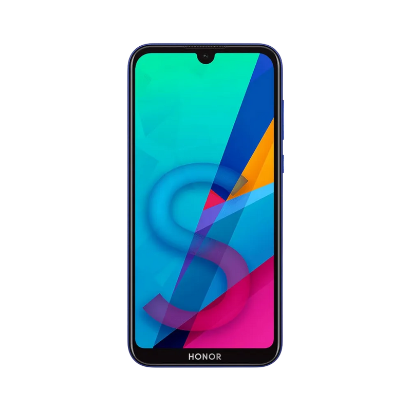 Honor 8S bleu en position verticale, écran lumineux avec encoche en haut et fond coloré multicolore, idéal pour illustrer réparation écran original et diagnostic gratuit chez iTelier Lyon.
