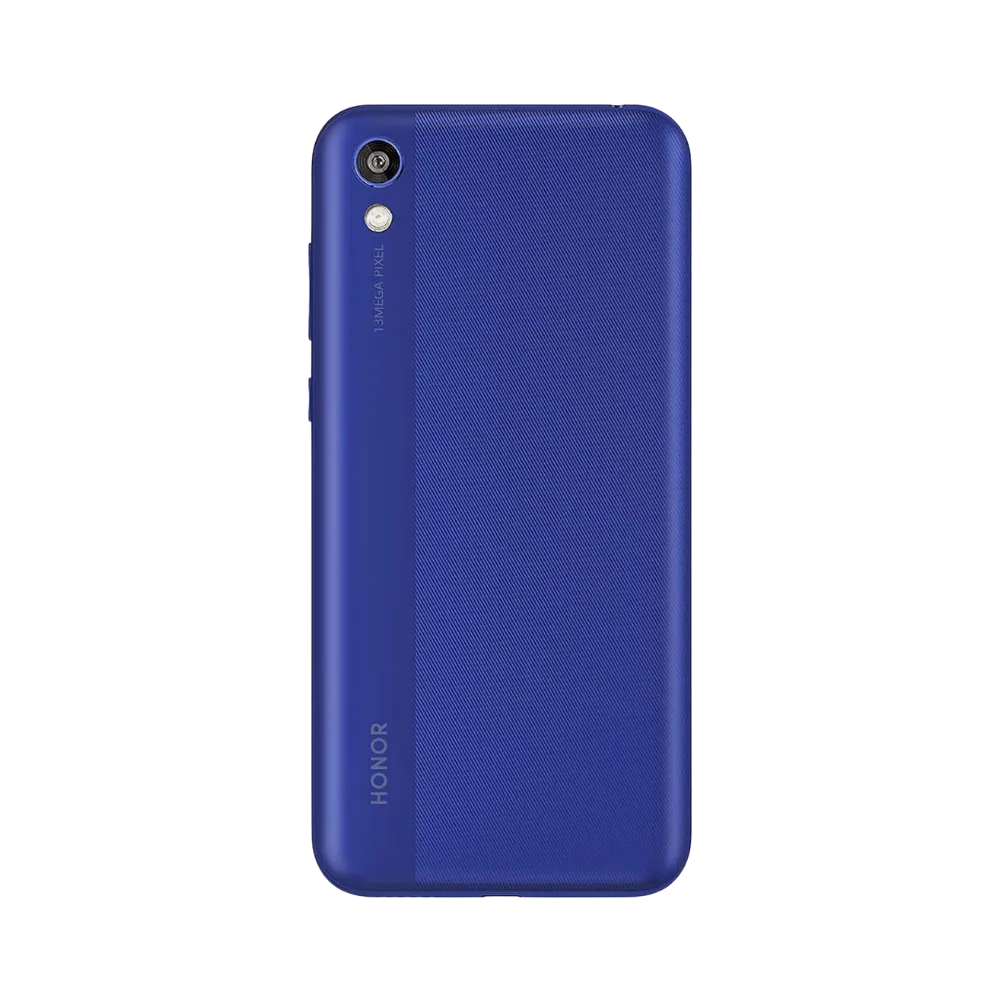 Honor 8S bleu vu de dos en position verticale, finition mate avec simple caméra arrière verticale en haut à gauche, image optimisée pour réparations vitre arrière et remplacement caméra chez iTelier Lyon.