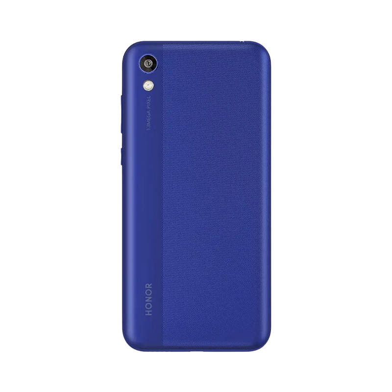 Honor 8S bleu vu de dos en position verticale, finition mate avec simple caméra arrière verticale en haut à gauche, image optimisée pour réparations vitre arrière et remplacement caméra chez iTelier Lyon.