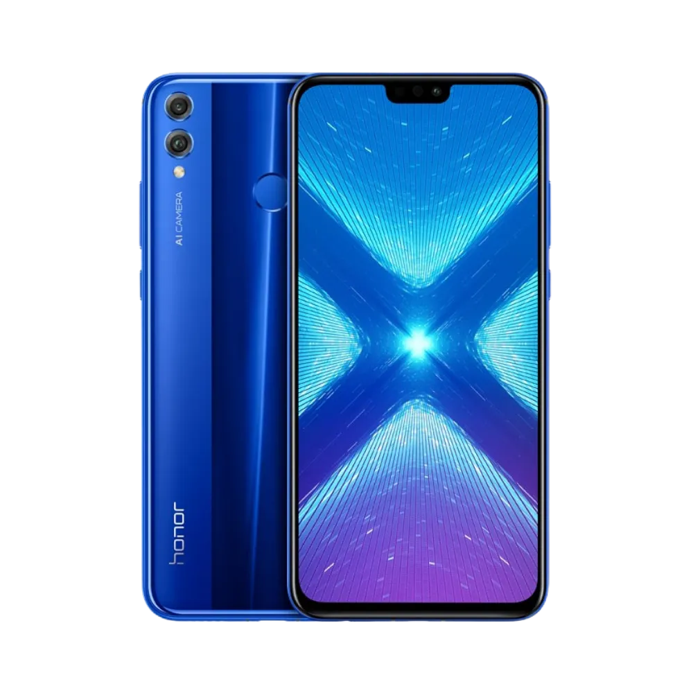 Honor 8X bleu affiché de face et de dos côte à côte, écran allumé avec fond en X lumineux bleu et violet, double caméra arrière verticale et capteur d’empreinte visibles, parfait pour réparations écran et vitre arrière chez iTelier Lyon.