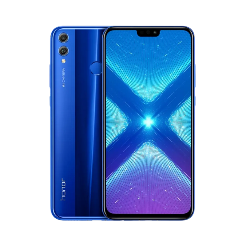 Honor 8X bleu affiché de face et de dos côte à côte, écran allumé avec fond en X lumineux bleu et violet, double caméra arrière verticale et capteur d’empreinte visibles, parfait pour réparations écran et vitre arrière chez iTelier Lyon.