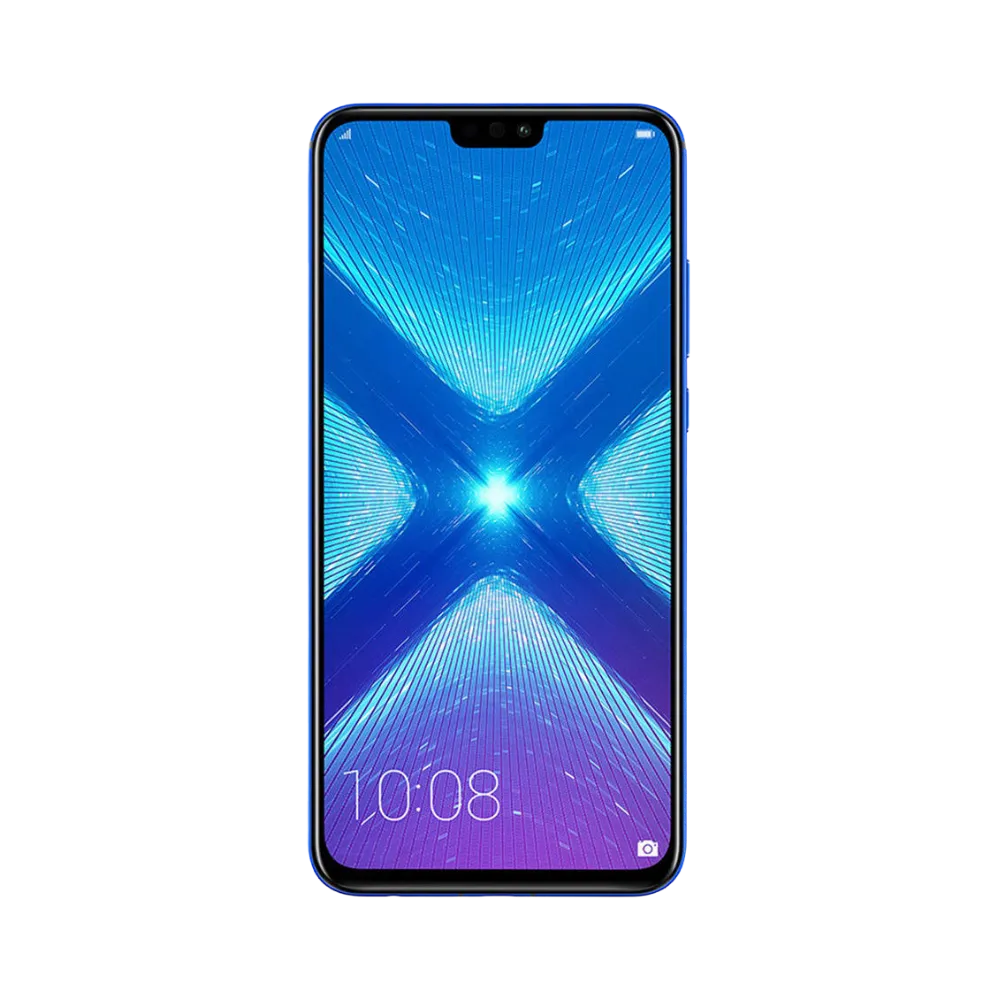 Honor 8X bleu en position verticale, écran lumineux avec encoche supérieure et fond en X bleu-violet, idéal pour illustrer réparation écran original et diagnostic gratuit chez iTelier Lyon.