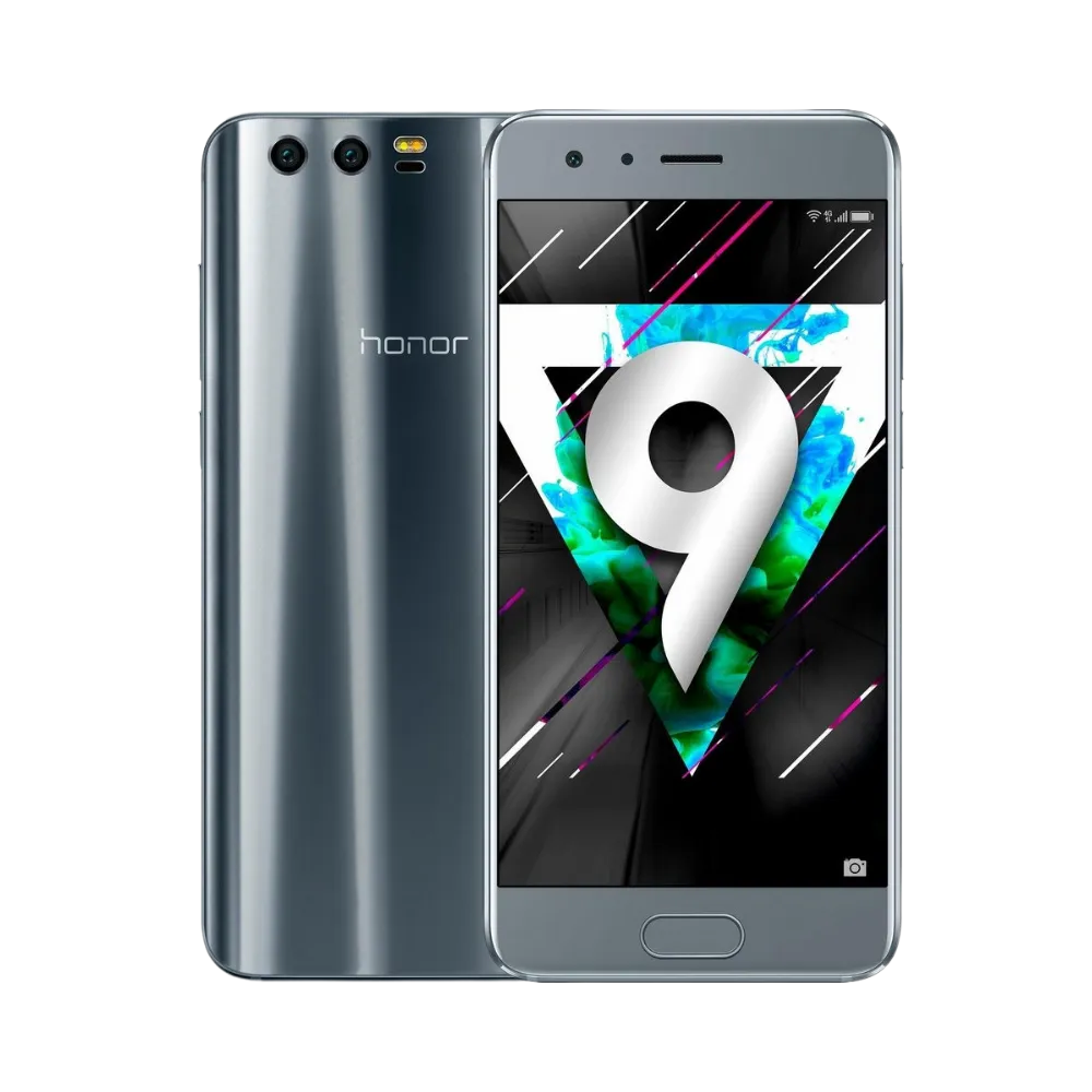 Honor 9 gris affiché de face et de dos côte à côte, écran allumé avec fond géométrique et chiffre 9, double caméra arrière horizontale visible, parfait pour réparations écran et vitre arrière chez iTelier Lyon.