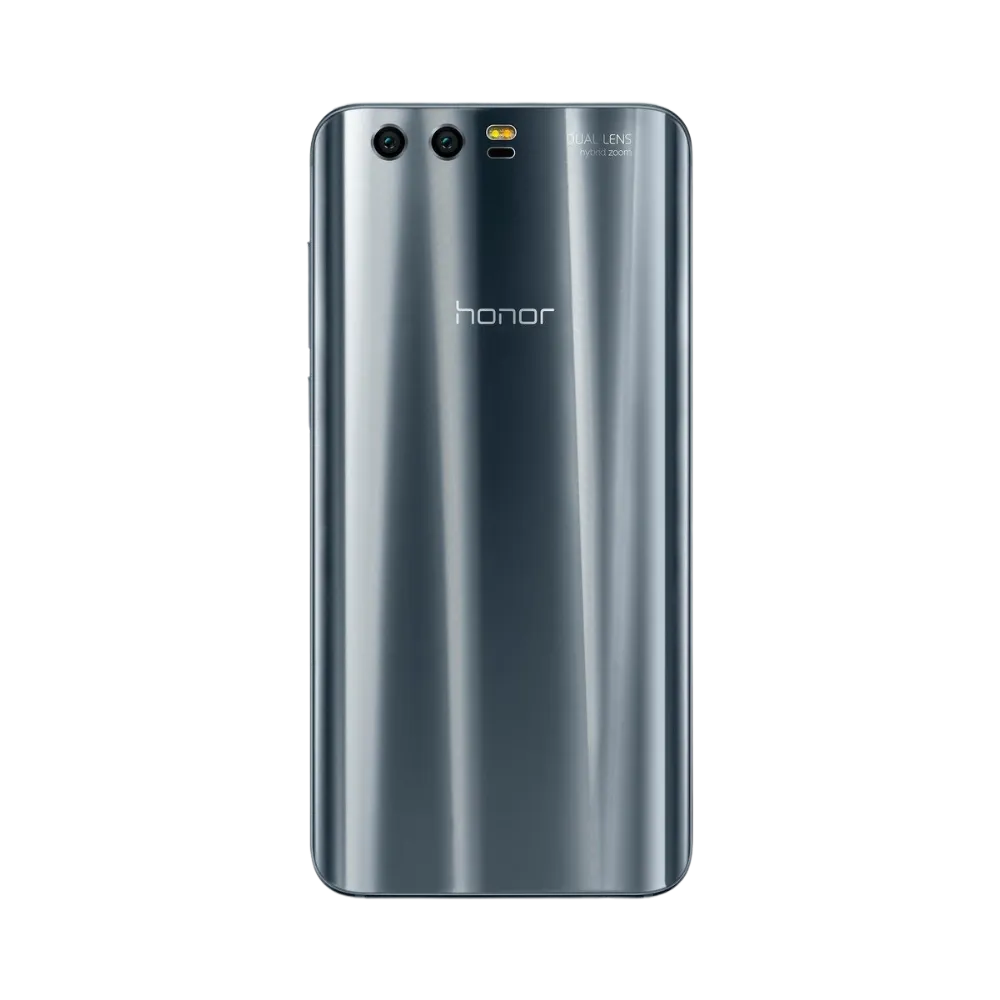 Honor 9 gris vu de dos en position verticale, finition brillante et double caméra arrière horizontale en haut à gauche, image optimisée pour réparations vitre arrière et caméra chez iTelier Lyon.