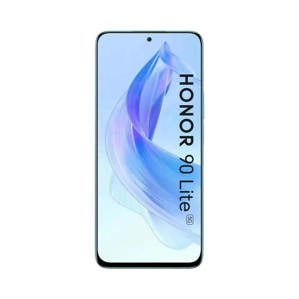 Honor 90 Lite bleu en position verticale, écran lumineux avec fond dégradé violet et poinçon central pour caméra frontale, idéal pour illustrer réparation écran original et diagnostic gratuit chez iTelier Lyon.