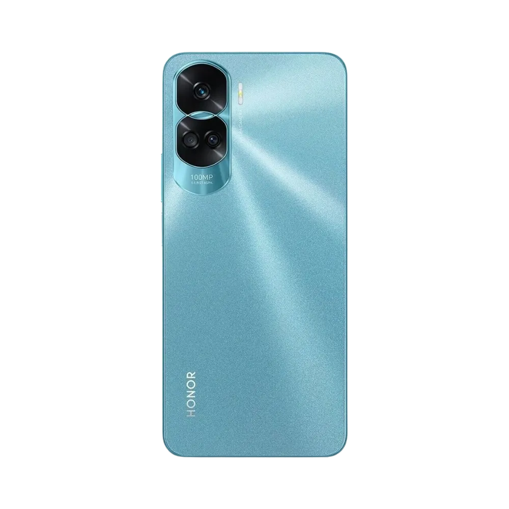 Honor 90 Lite bleu vu de dos en position verticale, module photo rectangulaire en haut à gauche avec triple capteur visible, image optimisée pour réparations vitre arrière et remplacement caméra chez iTelier Lyon.