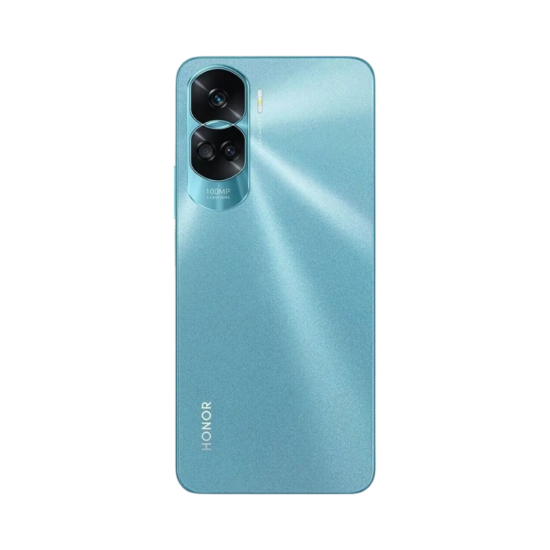 Honor 90 Lite bleu vu de dos en position verticale, module photo rectangulaire en haut à gauche avec triple capteur visible, image optimisée pour réparations vitre arrière et remplacement caméra chez iTelier Lyon.