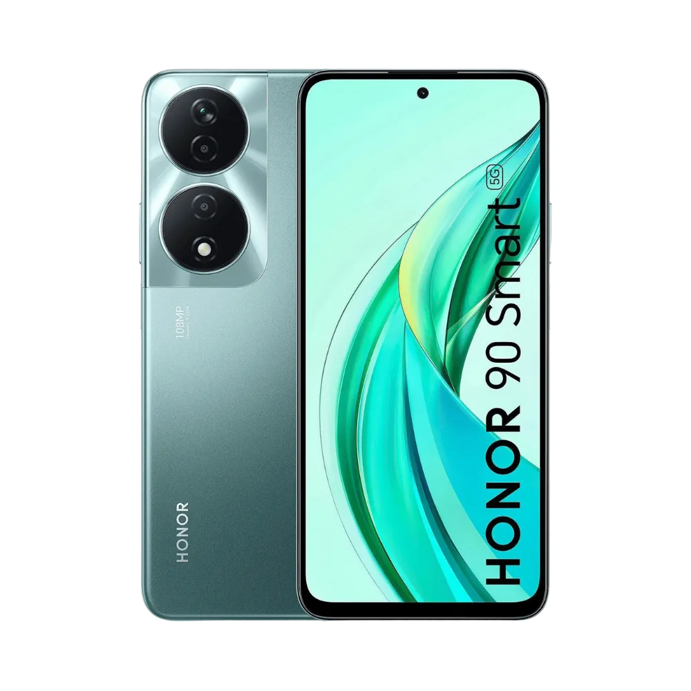 Honor 90 Smart vert affiché de face et de dos côte à côte, écran allumé avec texte HONOR 90 Smart et fond vert clair, double caméra arrière circulaire visible, parfait pour réparations écran et vitre arrière chez iTelier Lyon.