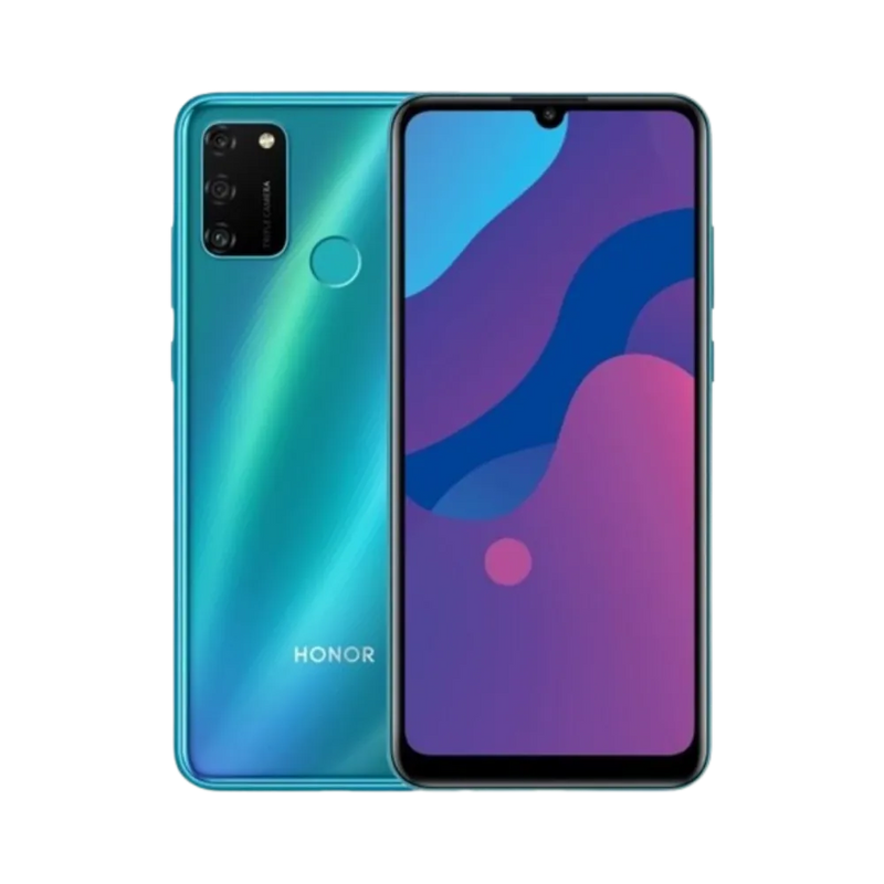 Honor 9A vert affiché de face et de dos côte à côte, écran allumé avec fond violet et rose, triple caméra arrière verticale et capteur d’empreinte visibles, parfait pour réparations écran et vitre arrière chez iTelier Lyon.