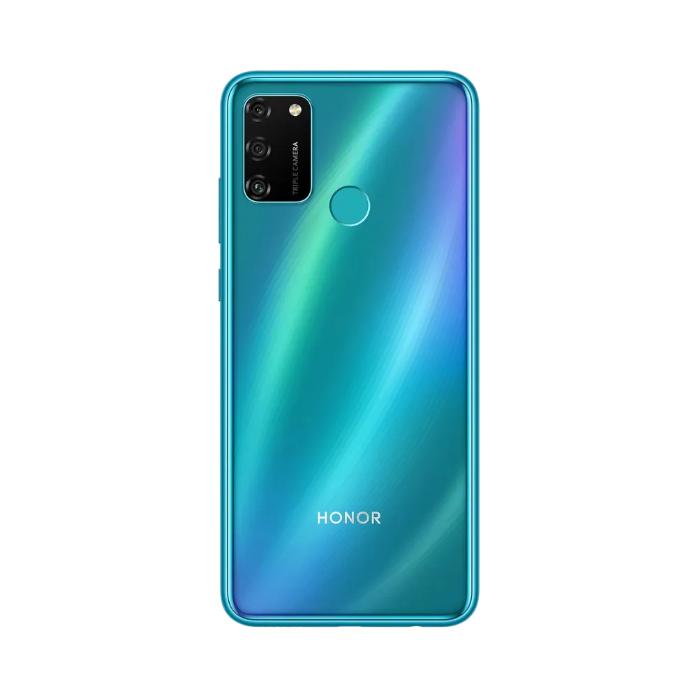 Honor 9A vert vu de dos en position verticale, finition brillante, triple caméra arrière verticale et capteur d’empreinte circulaire centrée, image optimisée pour réparations vitre arrière et caméra chez iTelier Lyon.