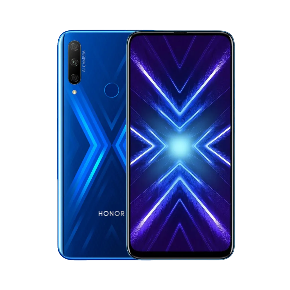 Honor 9X bleu affiché de face et de dos côte à côte, écran allumé avec fond violet et bleu en forme de X lumineux, triple caméra arrière verticale et capteur d’empreinte visibles, parfait pour réparations écran et vitre arrière chez iTelier Lyon.