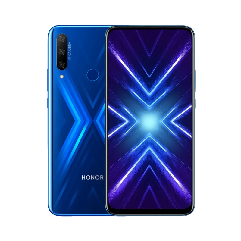 Honor 9X bleu affiché de face et de dos côte à côte, écran allumé avec fond violet et bleu en forme de X lumineux, triple caméra arrière verticale et capteur d’empreinte visibles, parfait pour réparations écran et vitre arrière chez iTelier Lyon.