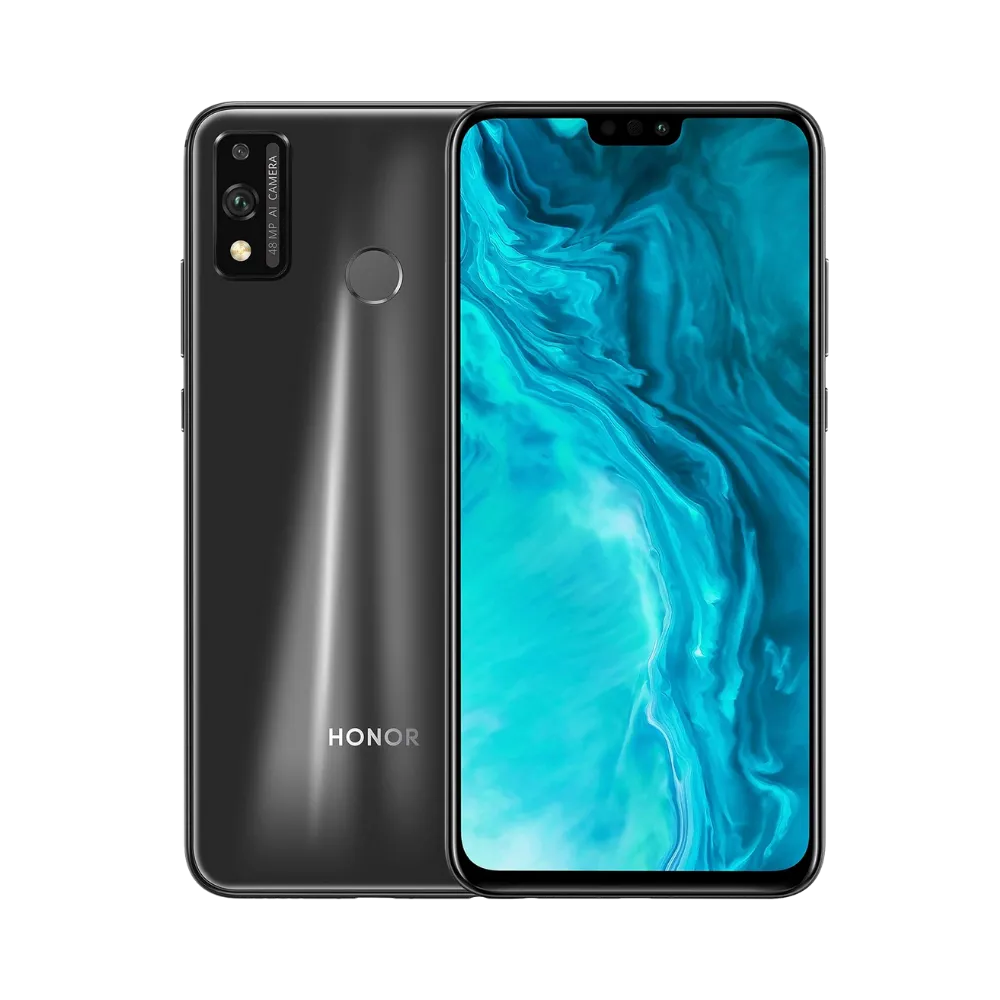 Honor 9X Lite noir affiché de face et de dos côte à côte, écran allumé avec fond bleu, double caméra arrière verticale et capteur d’empreinte circulaire visibles, parfait pour réparations écran et vitre arrière chez iTelier Lyon.