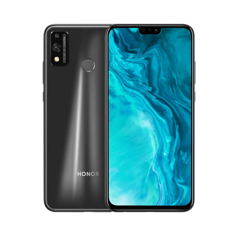 Honor 9X Lite noir affiché de face et de dos côte à côte, écran allumé avec fond bleu, double caméra arrière verticale et capteur d’empreinte circulaire visibles, parfait pour réparations écran et vitre arrière chez iTelier Lyon.