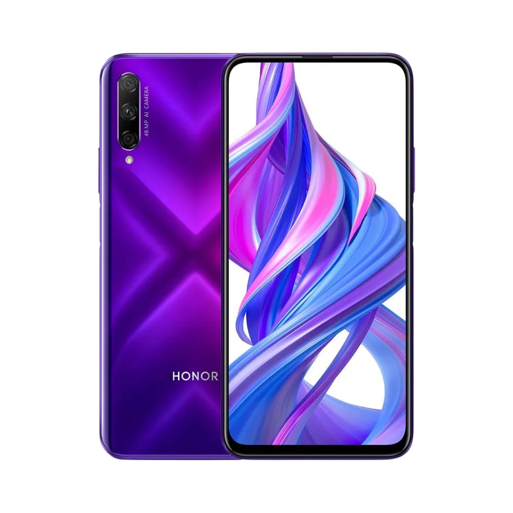 Honor 9X Pro violet affiché de face et de dos côte à côte, écran allumé avec fond violet et bleu en forme de X, triple caméra arrière verticale visible, parfait pour réparations écran et vitre arrière chez iTelier Lyon.