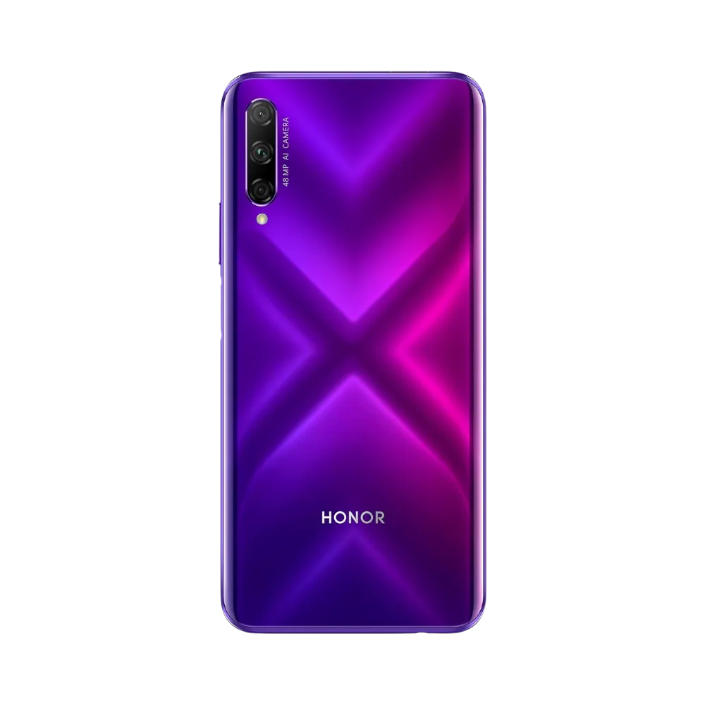 Honor 9X Pro violet vu de dos en position verticale, design brillant avec motif en X et triple caméra verticale en haut à gauche, image optimisée pour réparations vitre arrière et caméra chez iTelier Lyon.