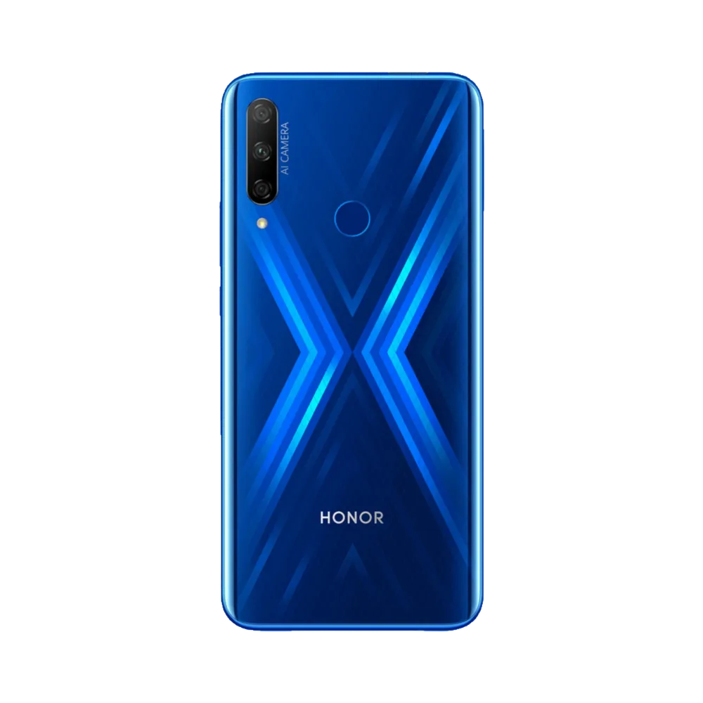 Honor 9X bleu vu de dos en position verticale, design brillant en X lumineux et triple caméra arrière alignée verticalement avec capteur d’empreinte circulaire, image optimisée pour réparations vitre arrière et caméra chez iTelier Lyon.