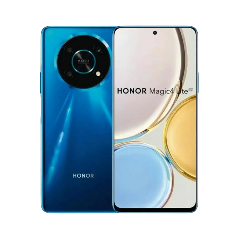 Honor Magic 4 Lite bleu affiché de face et de dos côte à côte, écran allumé avec fond clair et texte HONOR Magic 4 Lite, grand module photo circulaire arrière visible, parfait pour réparations écran et vitre arrière chez iTelier Lyon.