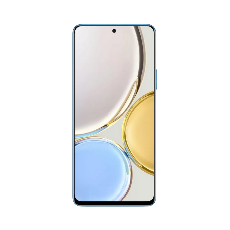 Honor Magic 4 Lite bleu en position verticale, écran lumineux avec fond blanc et bleu, poinçon central pour caméra frontale, idéal pour illustrer réparation écran original et diagnostic gratuit chez iTelier Lyon.