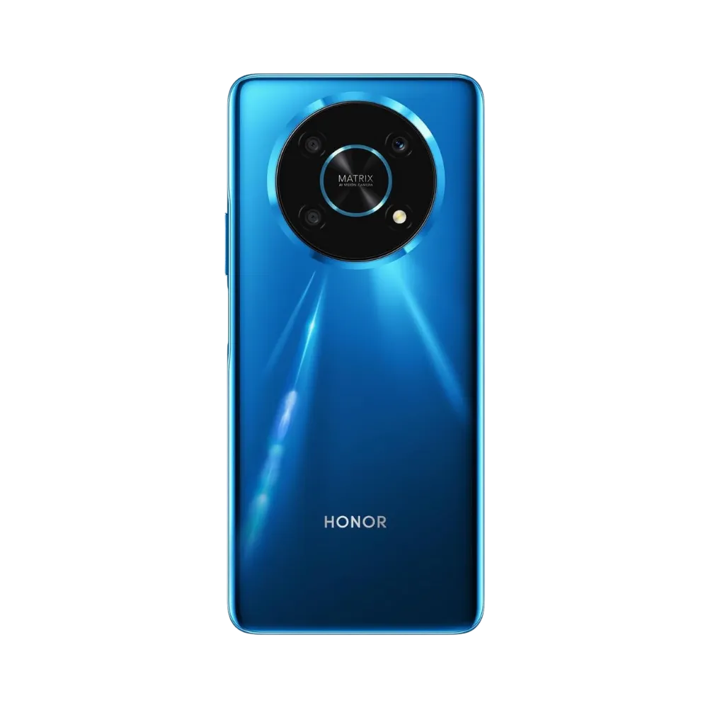 Honor Magic 4 Lite bleu vu de dos en position verticale, grand bloc photo circulaire centré bien visible, image optimisée pour réparations vitre arrière et remplacement caméra chez iTelier Lyon.