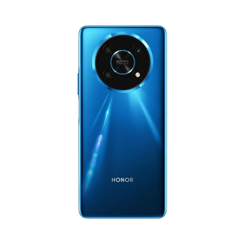 Honor Magic 4 Lite bleu vu de dos en position verticale, grand bloc photo circulaire centré bien visible, image optimisée pour réparations vitre arrière et remplacement caméra chez iTelier Lyon.