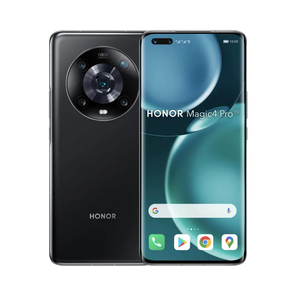 Honor Magic 4 Pro noir affiché de face et de dos côte à côte, écran allumé avec fond vert et icônes Android, grand bloc photo circulaire arrière visible, parfait pour réparations écran et vitre arrière chez iTelier Lyon.