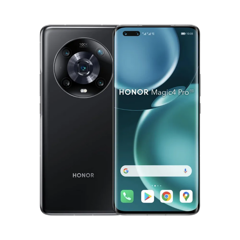 Honor Magic 4 Pro noir affiché de face et de dos côte à côte, écran allumé avec fond vert et icônes Android, grand bloc photo circulaire arrière visible, parfait pour réparations écran et vitre arrière chez iTelier Lyon.