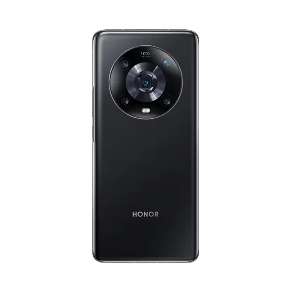 Honor Magic 4 Pro noir vu de dos en position verticale, grand module photo circulaire centré avec plusieurs capteurs visibles, image optimisée pour réparations vitre arrière et remplacement caméra chez iTelier Lyon.